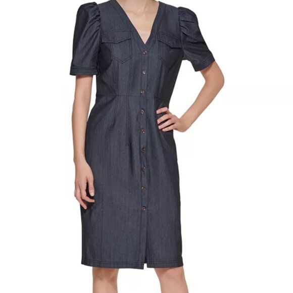 Calvin Klein Denim Puff Sleeve Sheath Dress - Picture 1 of 9